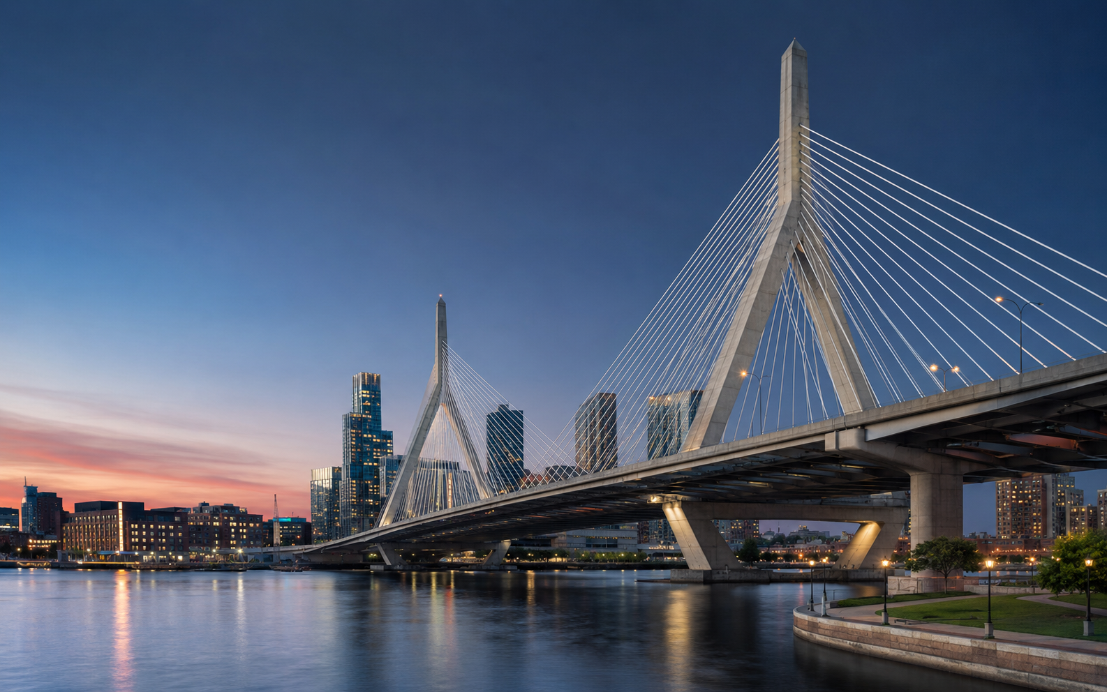 The Leonard P. Zakim Bunker Hill Memorial Bridge crossing the Charles River in Boston